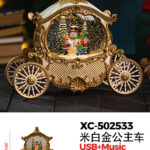 Carrozza Natalizia+Pupazzo di neve con effetto neve che cade carillon luci 8 musiche Natalizie+Ingresso USB (20cmH) alimentazione a batterie