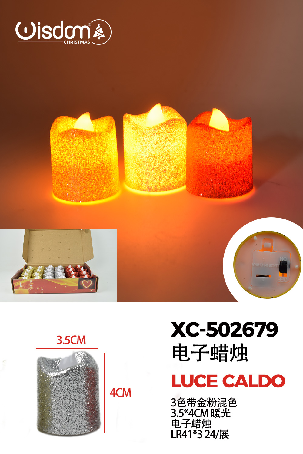 XC-502679 Set di candele Natalizie glitterate(argento oro e rosse) box da 24 pezzi (4cmH) luce calda a LED alimentazione a pile - immagine 1