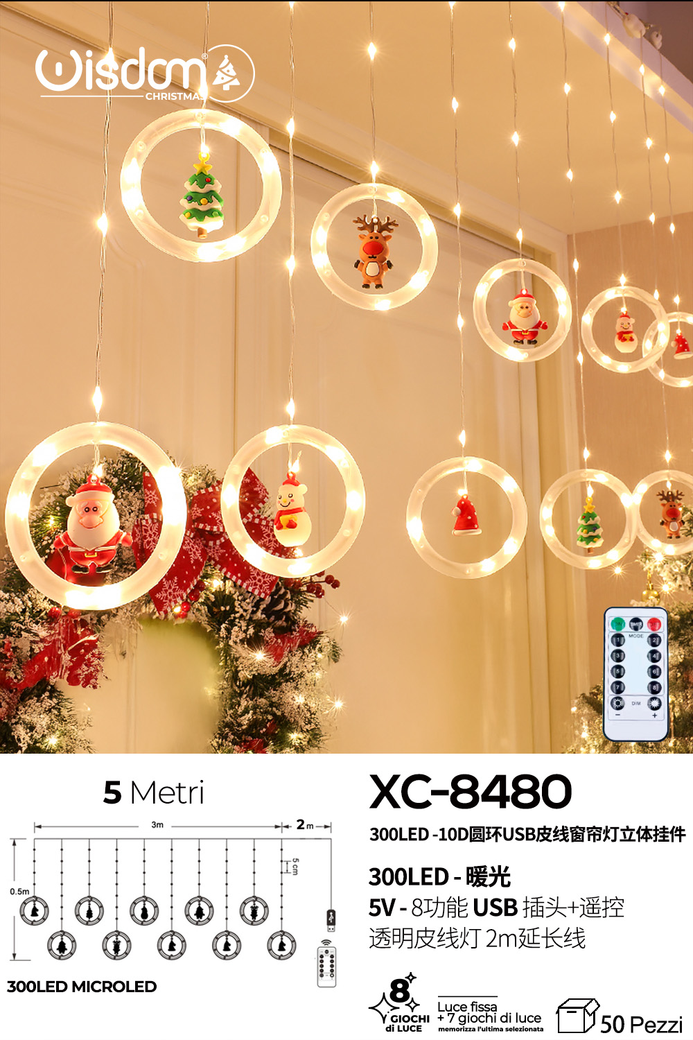 XC-8480 Tenda luminosa 5 metri a forma di anelli e figure natalizie luce LED calda alimentazione tramite usb e controllo telecomando - immagine 1