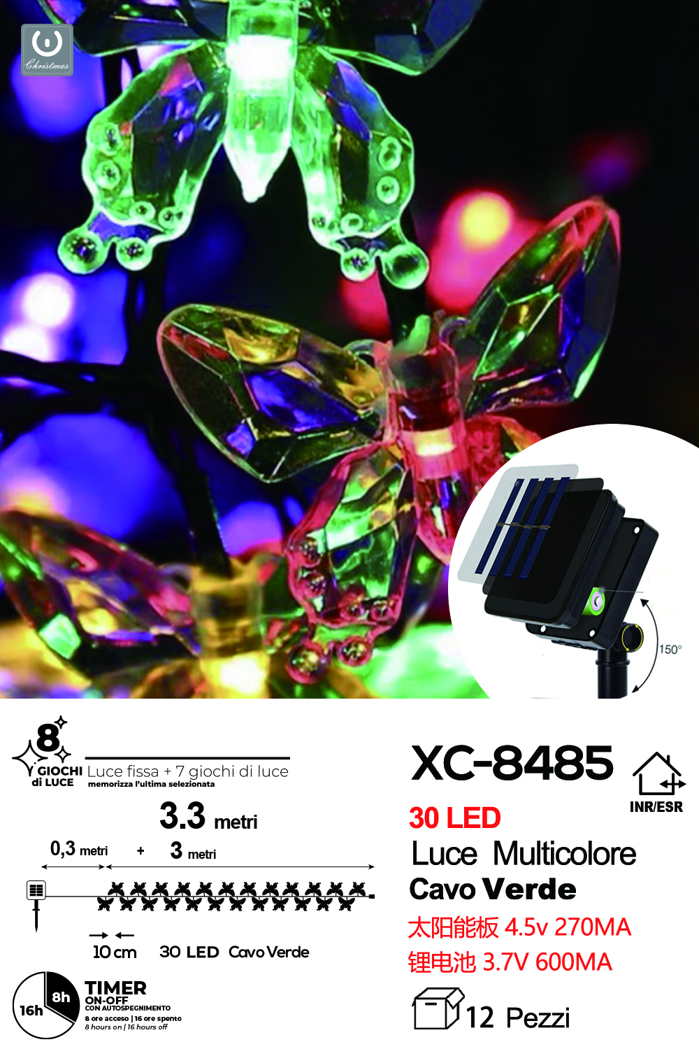 XC-8485 Set decorativo pannello solare picchetto 30 farfalle luminose LED luce multicolor con 8 giochi luce e funzione timer on-off - immagine 1