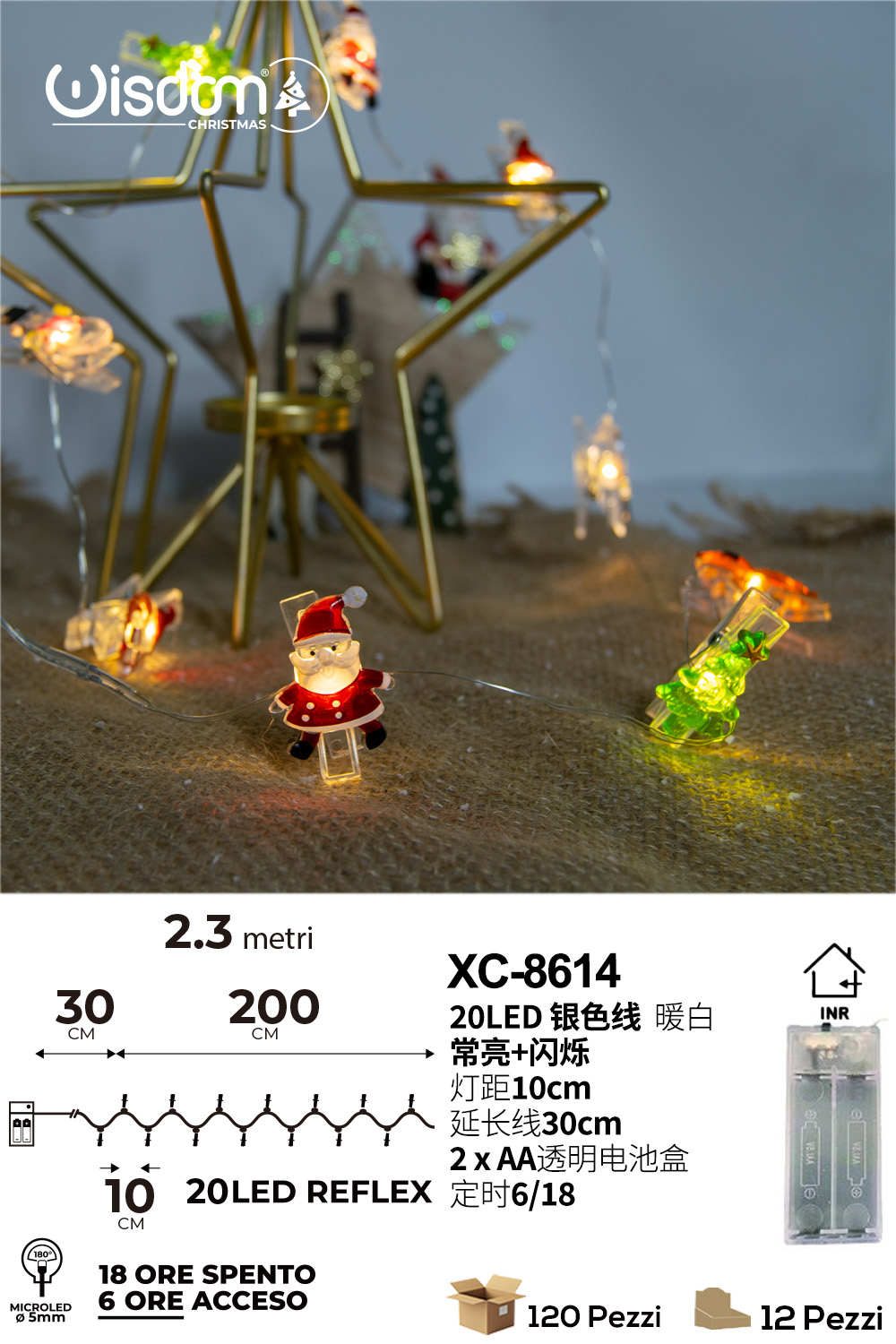 XC-8614 Catena luminosa decorativa da 2,3metri luce calda fissa o lampeggiante con 20 micro LED a forma di personaggi natalizi alimentazione a batteria - immagine 1