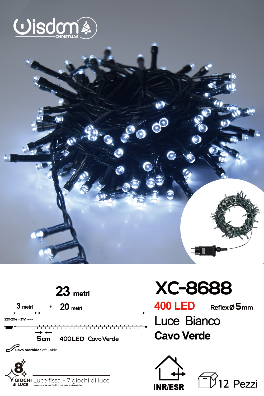 XC-8688 Catena luminosa 400 LED luce bianca da 23 metri con 8 giochi di luce ip44 per uso interno esterno - immagine 1