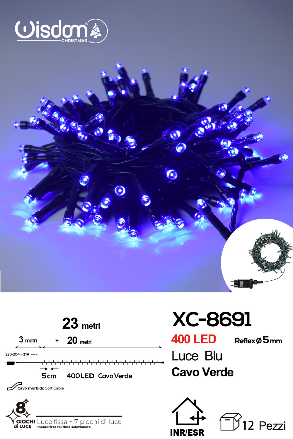 XC-8691 Catena luminosa 400 LED luce blu da 23 metri con 8 giochi di luce ip44 per uso interno esterno - immagine 1