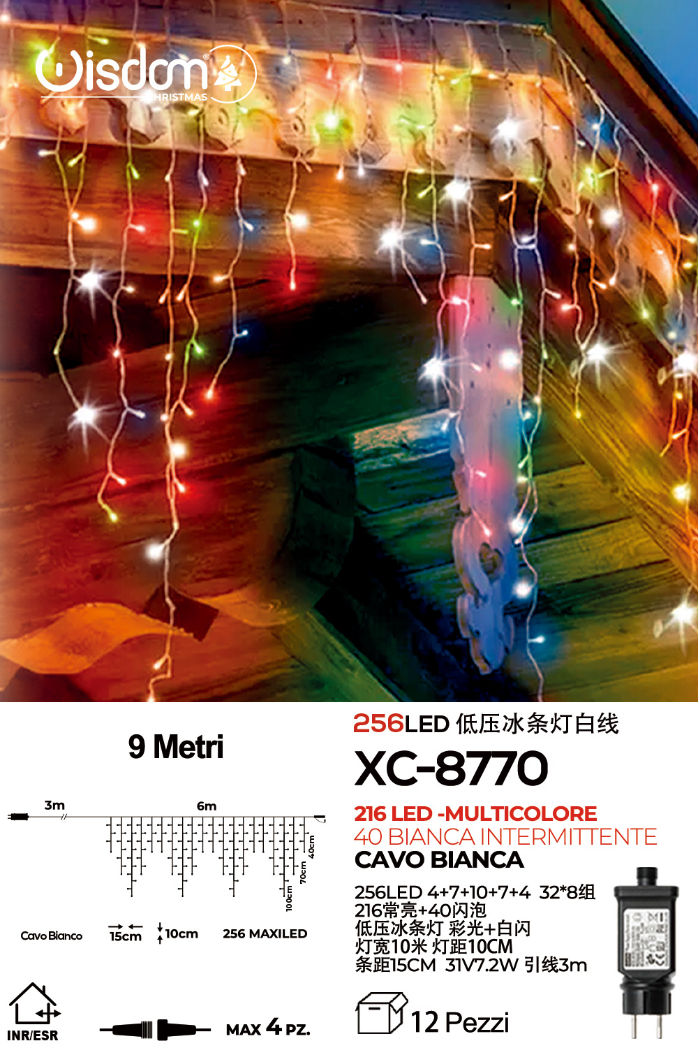 XC-8770 Tenda luminosa 9 metri con 256LED totali (216 luce multicolore fissa+40 luce intermittente bianca con flash) ip44 per uso interno esterno - immagine 1
