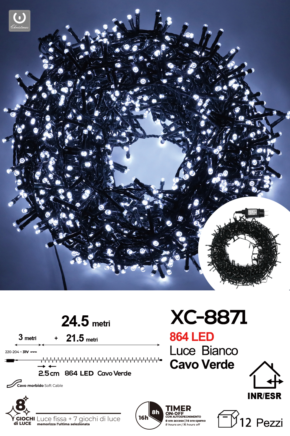 XC-8871 Catena luminosa 864 LED da 24,5 metri luce fredda con 8 giochi di luce per uso interno/esterno funzione timer on/off - immagine 1