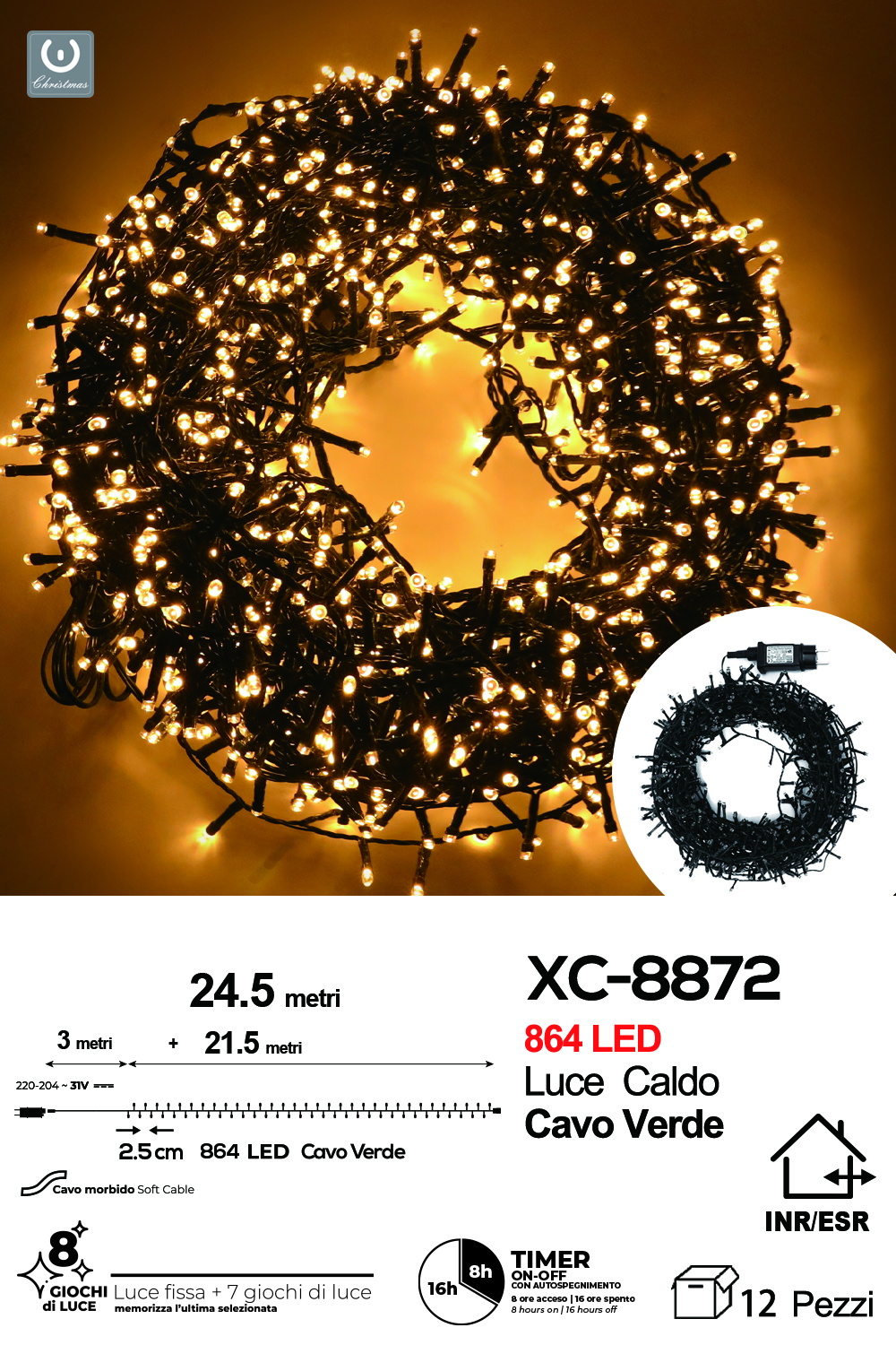 XC-8872 Catena luminosa 864 LED luce calda da 24,5 metri con 8 giochi di luce per uso interno/esterno funzione timer on/off - immagine 1
