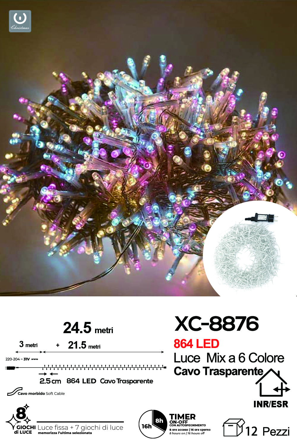 XC-8876 Catena luminosa da 24,5 metri con 864 LED luce mix multicolor per uso interno/esterno funzione timer on/off 8 giochi luce - immagine 1