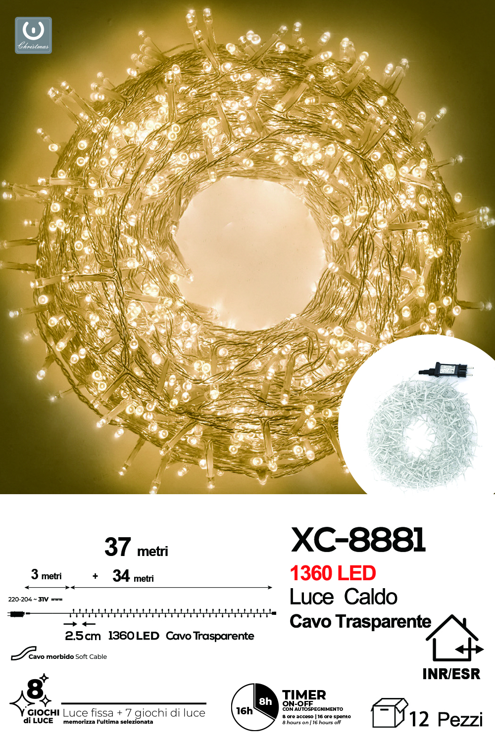 XC-8881 Catena luminosa da 37 metri con 1360 LED luce calda per uso interno/esterno funzione timer on/off 8 giochi luce - immagine 1