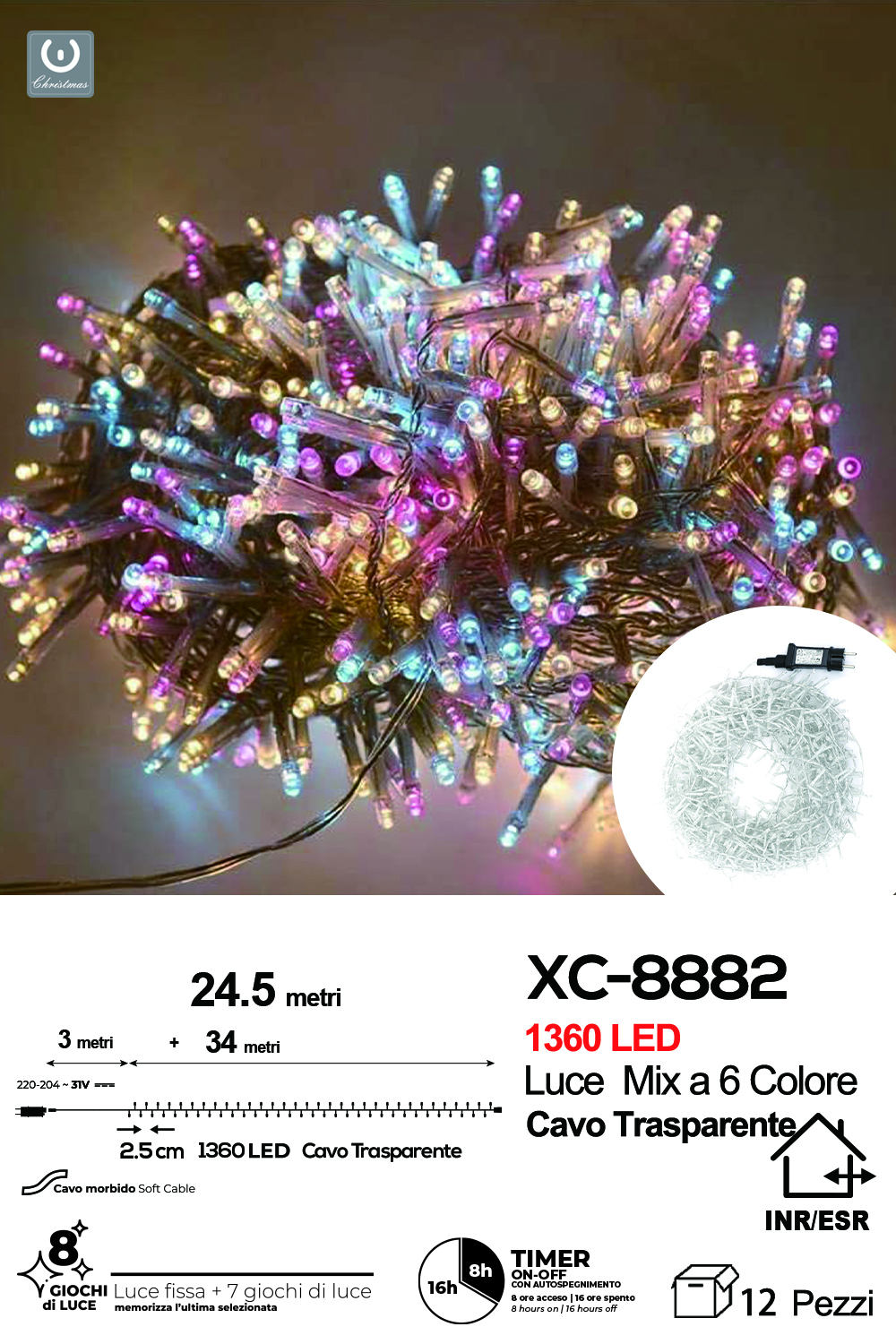 XC-8882 Catena luminosa da 24,5 metri con 1360 LED luce multicolor per uso interno/esterno funzione timer on/off 8 giochi luce - immagine 1