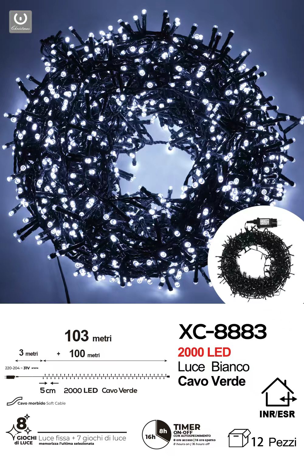XC-8883 Catena luminosa 2000 LED luce bianca da 103 metri con 8 giochi di luce ip44 per uso interno esterno - immagine 1