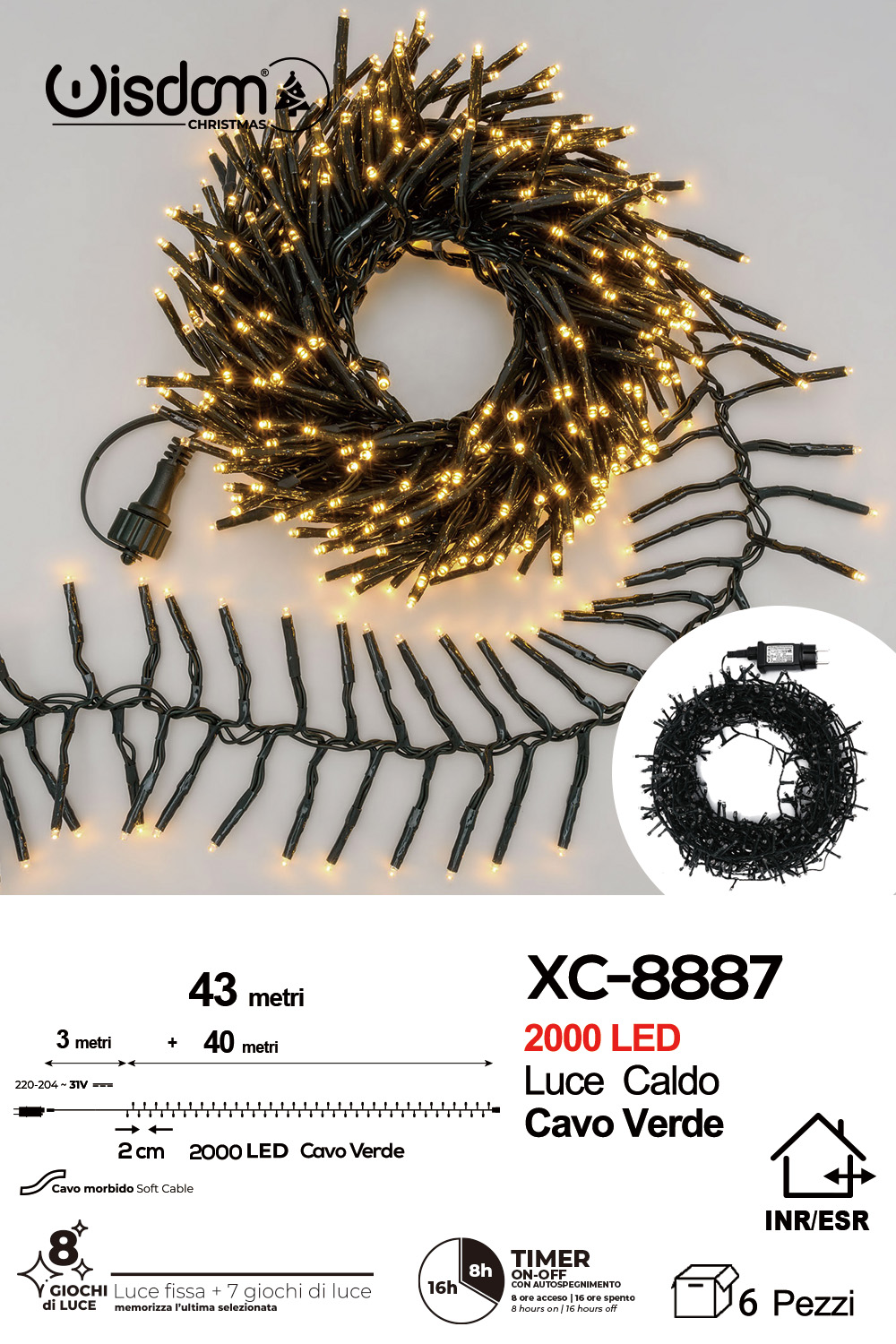 XC-8887 Catena luminosa da 43 metri con 2000 LED luce calda per uso interno/esterno funzione timer on/off 8 giochi di luce - immagine 1