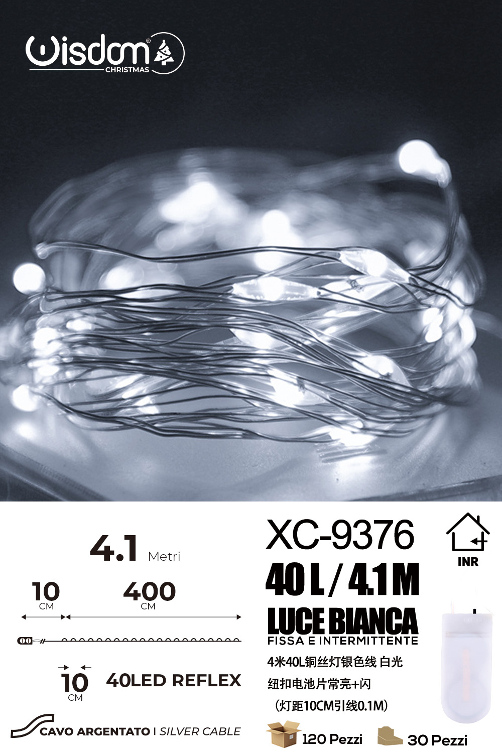 XC-9376 Catena luminosa 40 microLED REFLEX da 4,1 metri luce bianca alimentazione a pile per uso interno - immagine 1