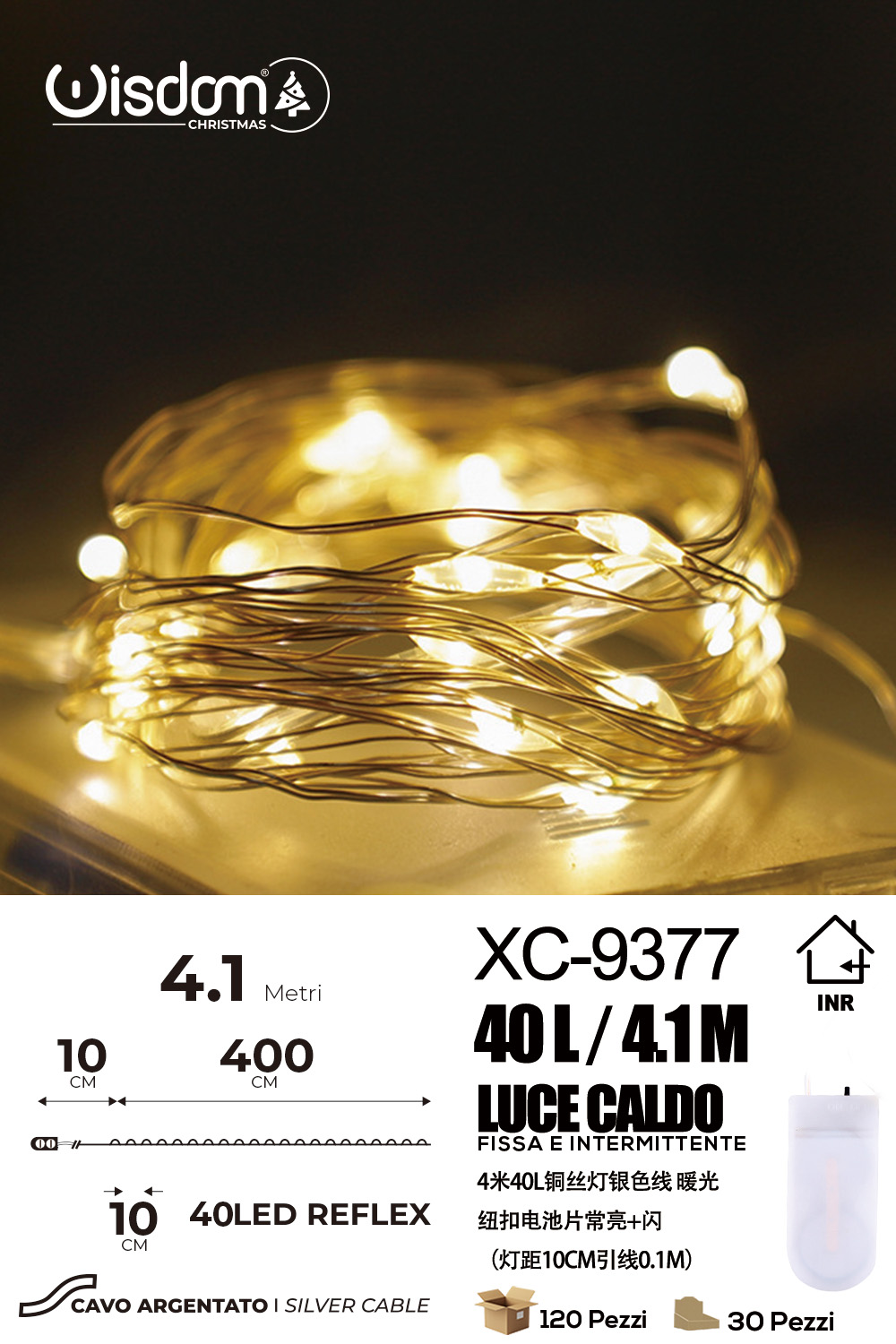 XC-9377 Catena luminosa 40 microLED REFLEX da 4,1 metri luce calda alimentazione a pile per uso interno - immagine 1