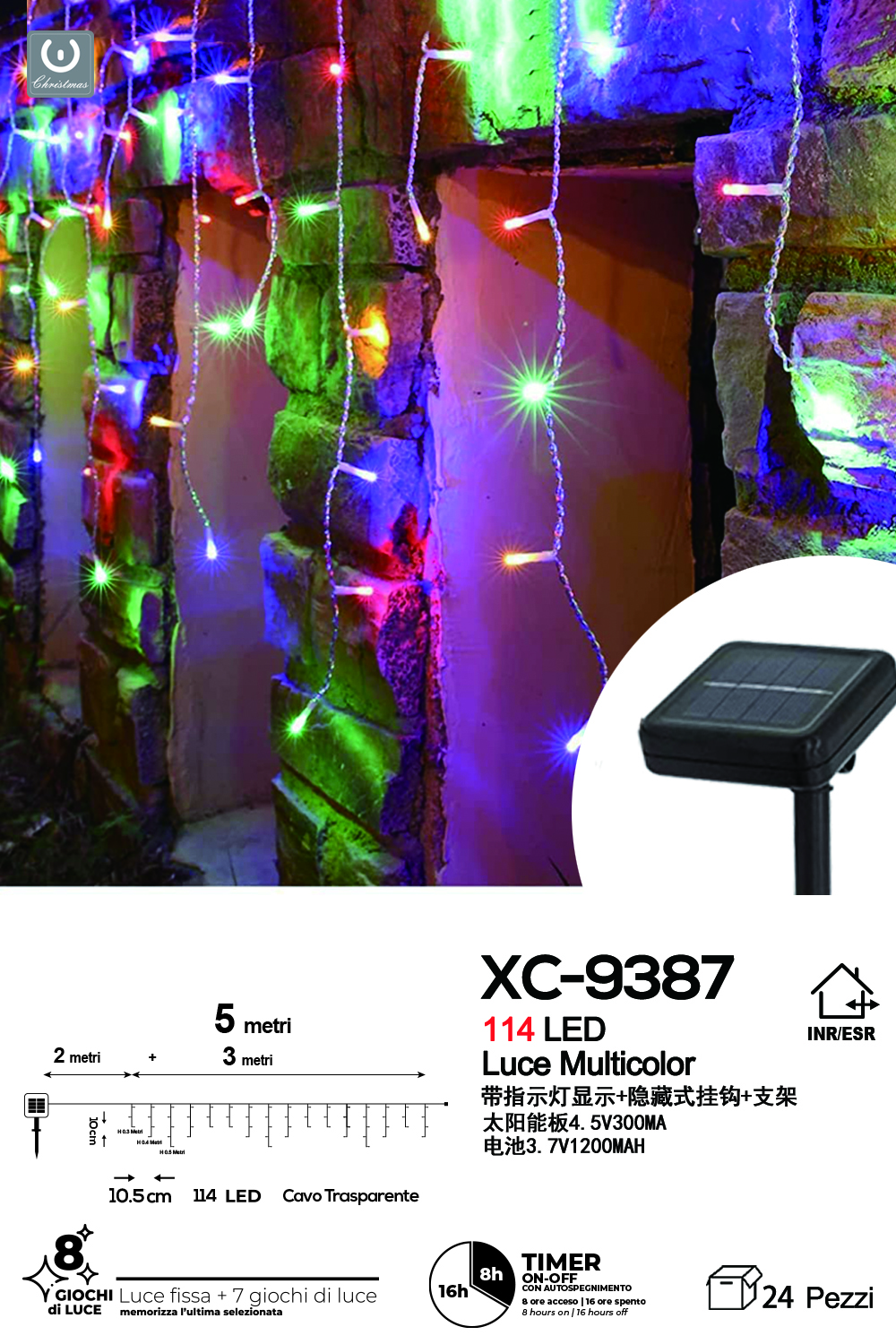 XC-9387 Catena luminosa 114LED luce MULTICOLOR energia solare con picchetto 8 giochi luce e funzione timer on-off - immagine 1