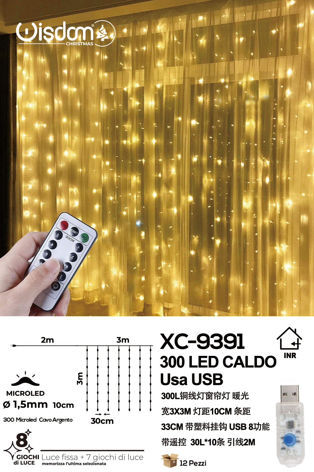 XC-9391 Tenda luminosa natalizia da 3 metri con 300 LED luce calda alimentazione tramite usb e telecomando con 8 giochi luce - immagine 1