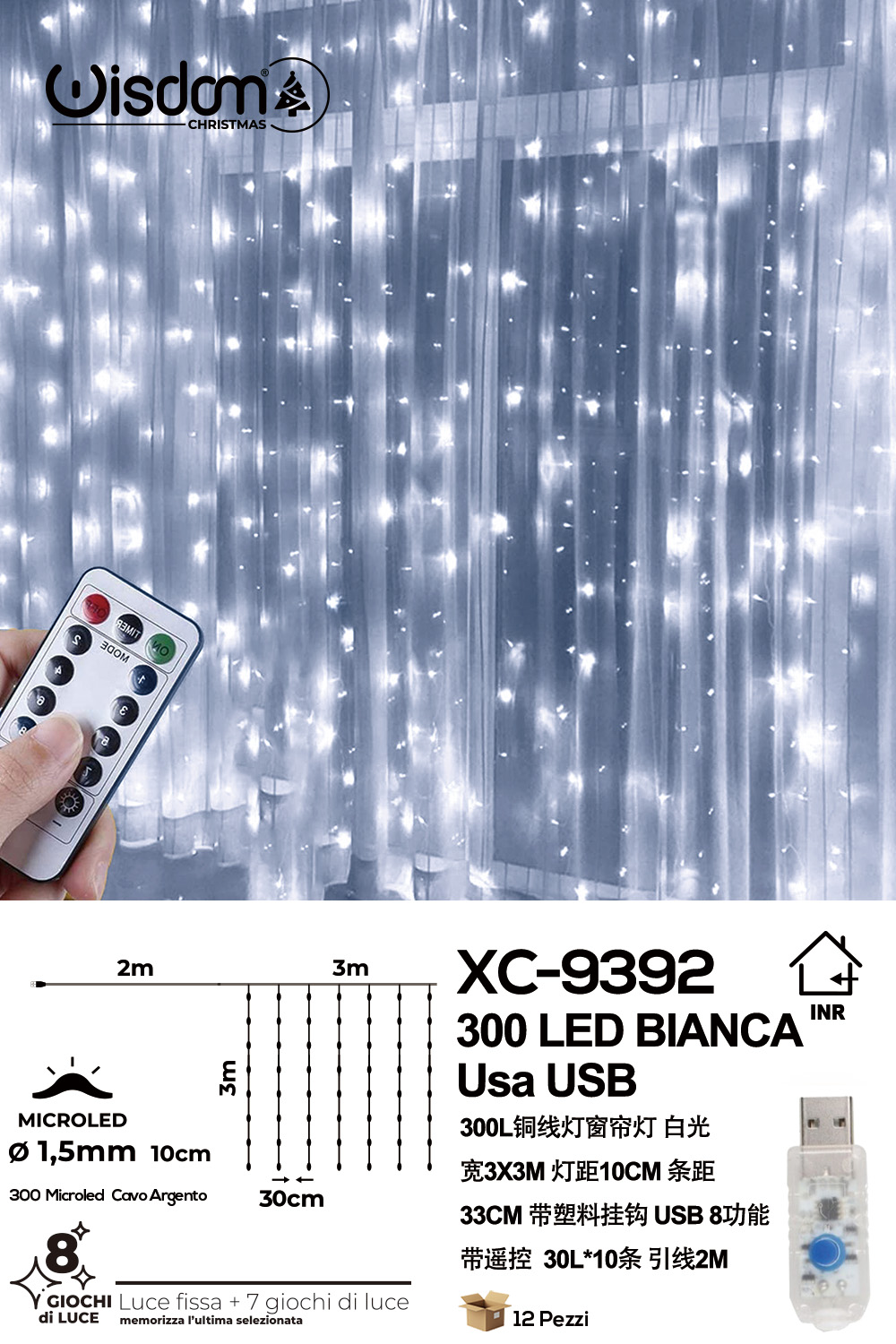 XC-9392 Tenda luminosa natalizia da 3 metri con 300 LED luce fredda alimentazione tramite usb e telecomando con 8 giochi luce - immagine 1