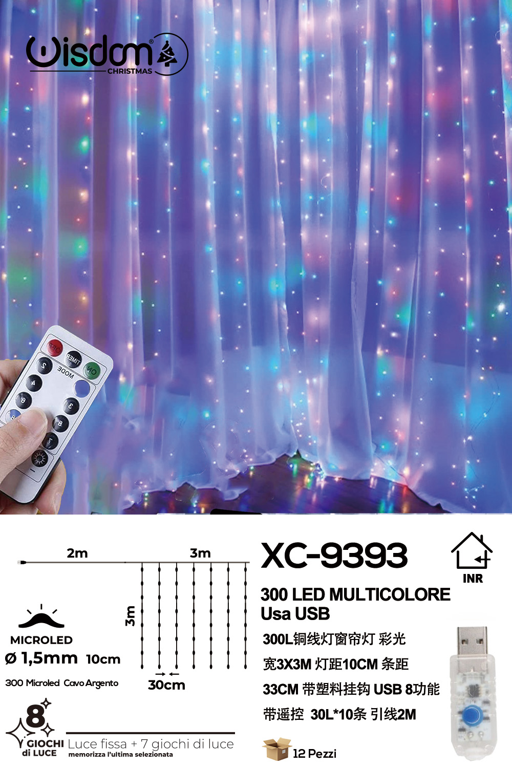 XC-9393 Tenda luminosa natalizia da 3 metri con 300 LED luce multicolor alimentazione tramite usb e telecomando con 8 giochi luce - immagine 1