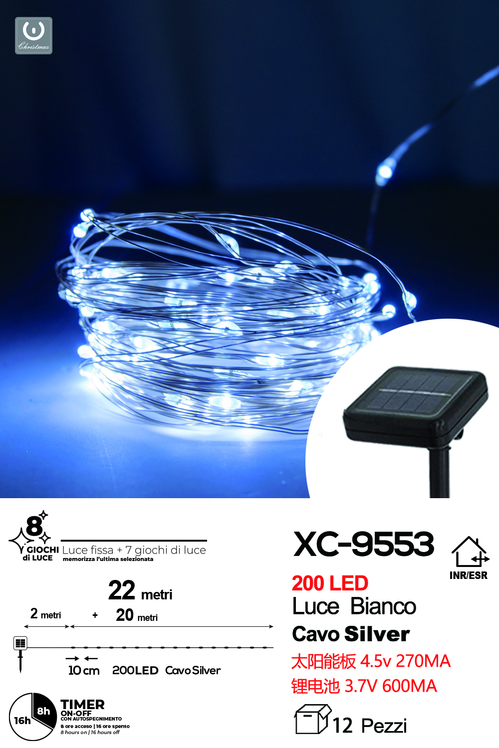 XC-9553 Catena luminosa pannello solare 200 MicroLED LUCE BIANCA con 8 giochi luce e funzione timer on-off - immagine 1