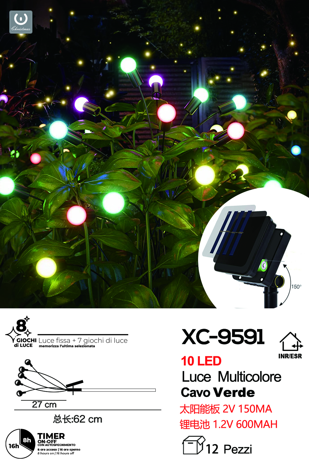 XC-9591 Catena luminosa picchetto solare 10 lucciole LED MULTICOLOR 8 giochi luce e funzione timer on-off - immagine 1