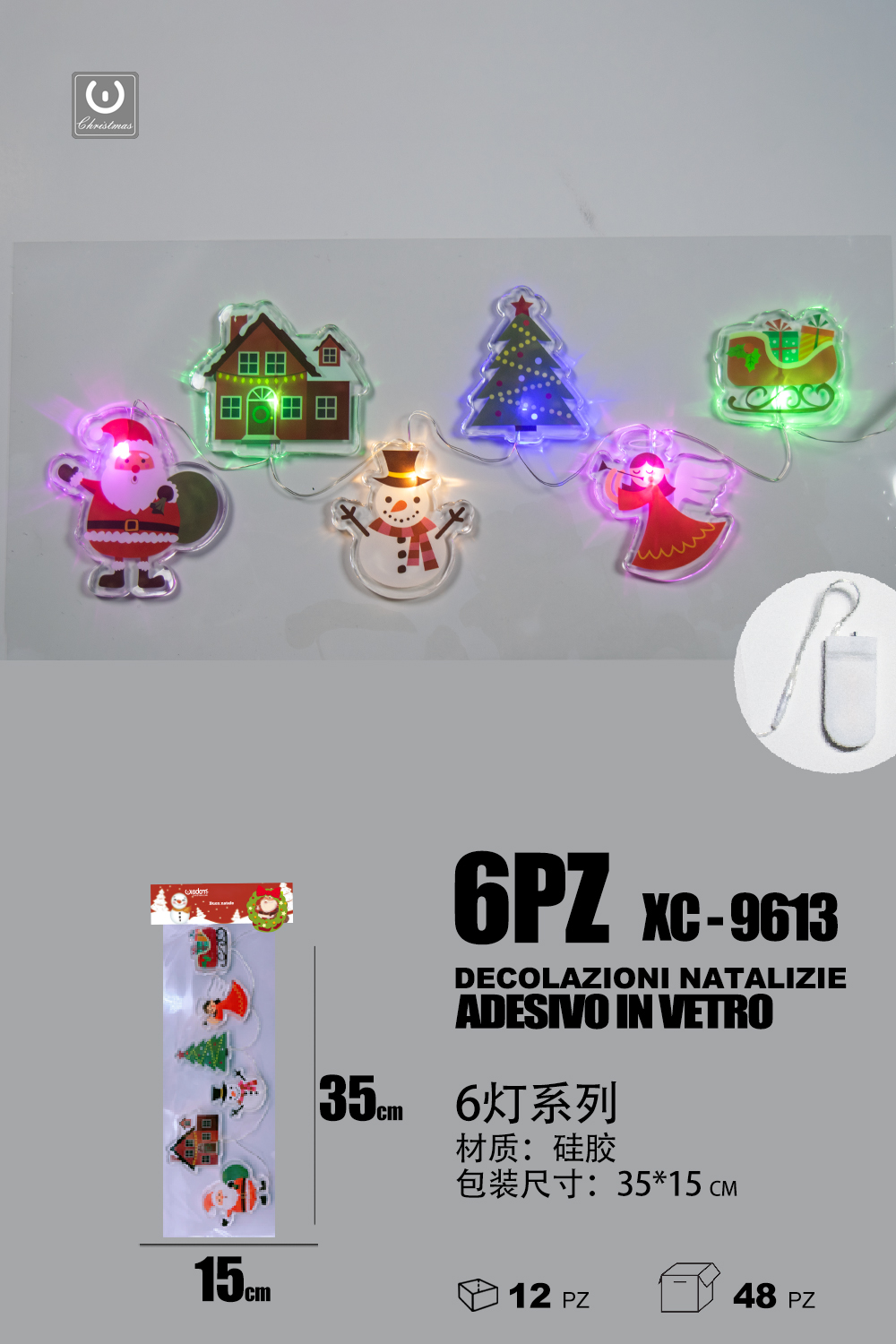 XC-9613 Set 6 pezzi adesivi in gel a forma personaggi natalizi con luci dimensioni: 35x15cm - immagine 1