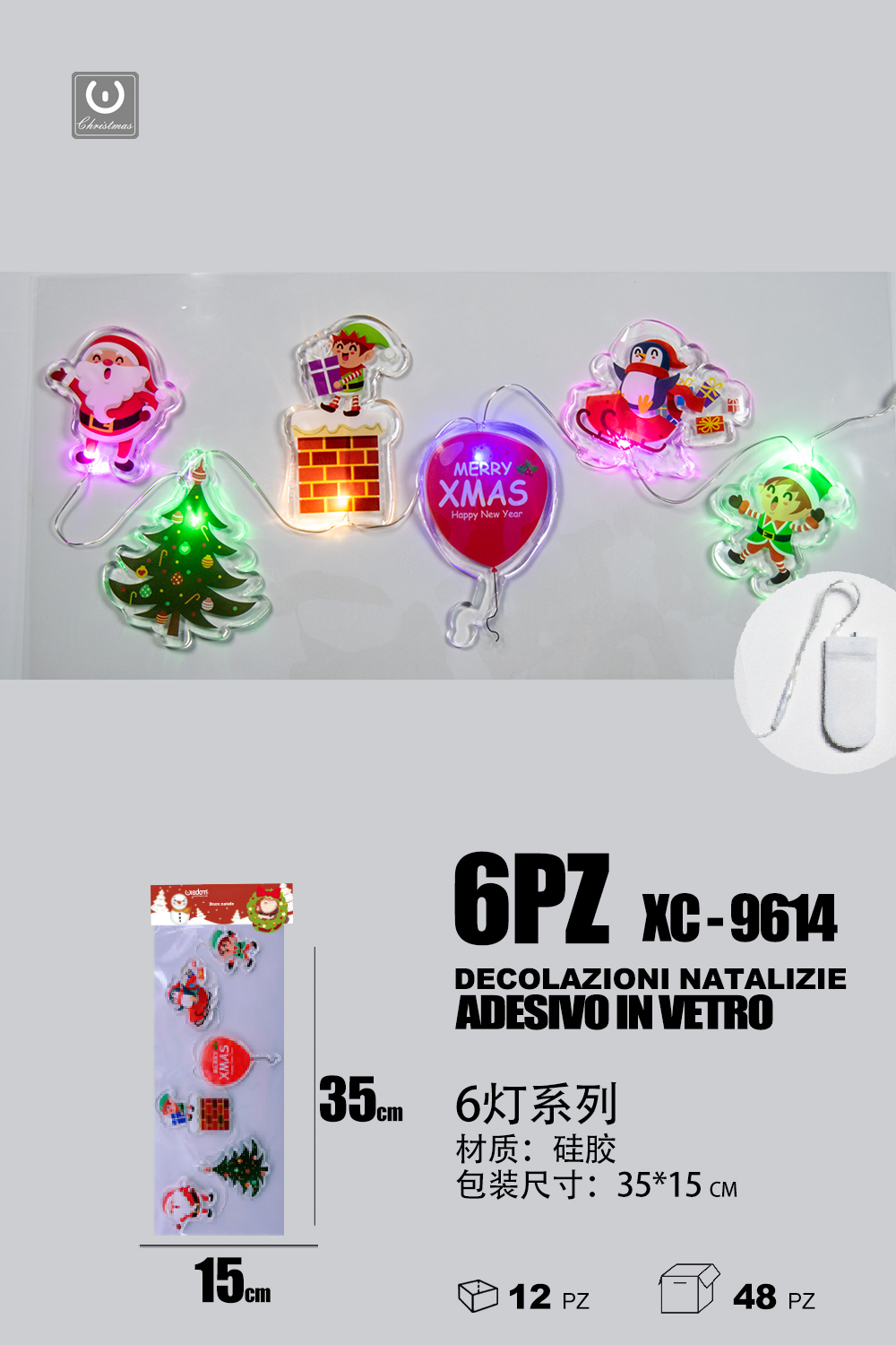 XC-9614 Set 6 pezzi adesivi in gel a forma personaggi natalizi con luci dimensioni: 35x15cm - immagine 1