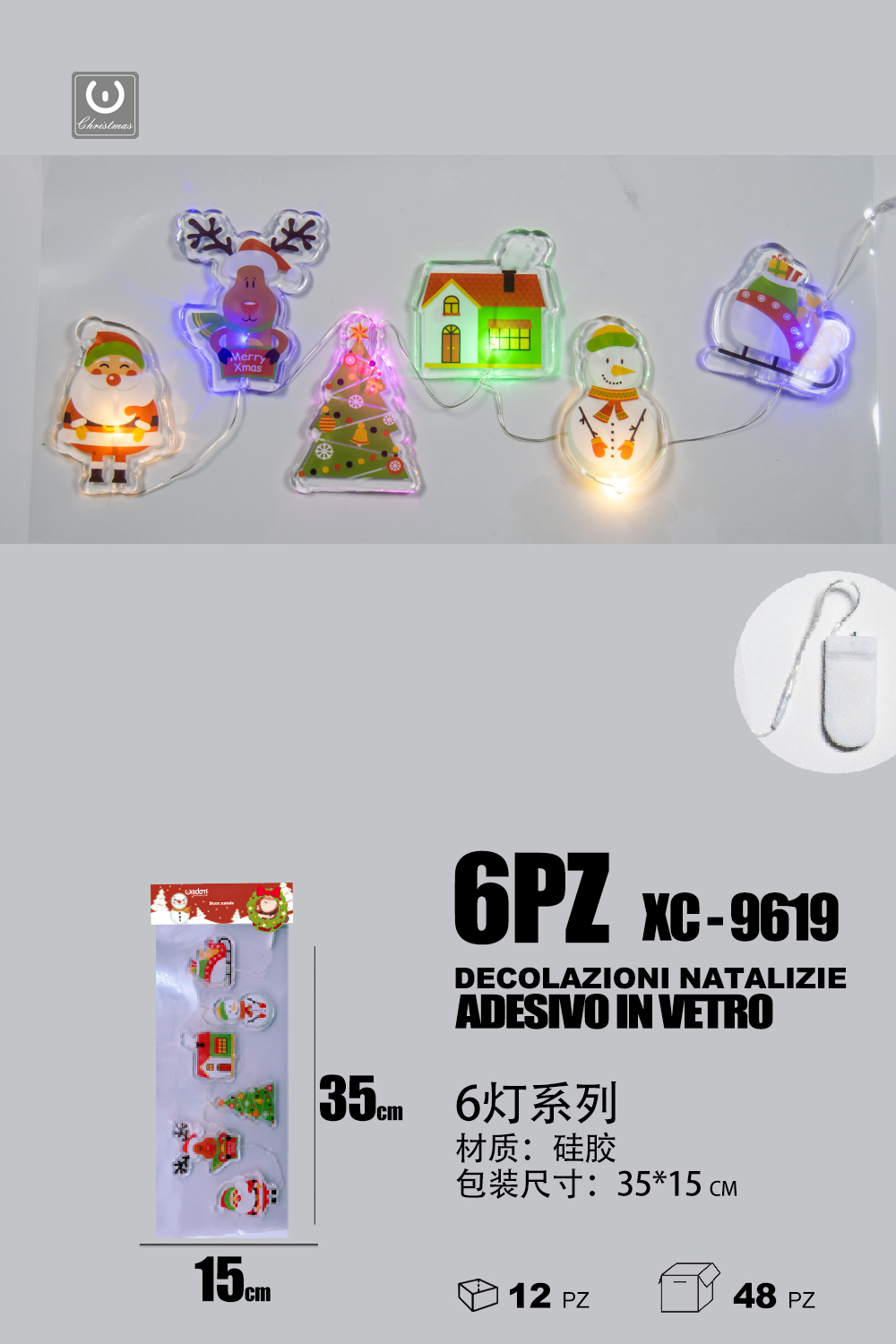 XC-9619 Set 6 pezzi adesivi in gel a forma personaggi natalizi con luci dimensioni: 35x15cm - immagine 1