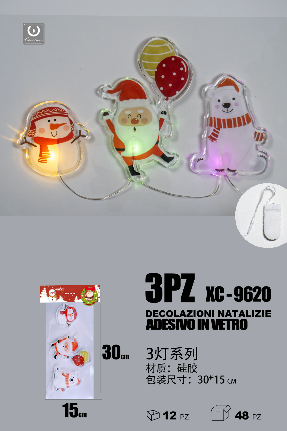 XC-9620 Set 3 pezzi adesivi natalizi in gel a forma personaggi natalizi con luci dimensioni: 30x15cm - immagine 1