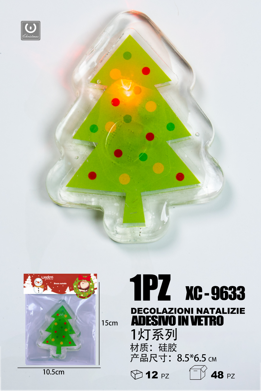 XC-9633 Adesivo Natalizio in gel a forma alberello addobbato con luce calda dimensioni 8,5x6,5cm - immagine 1