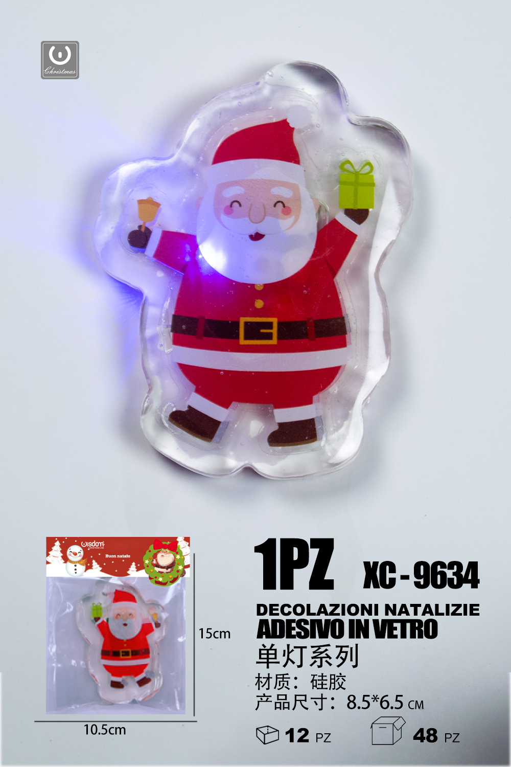 XC-9634 Adesivo Natalizio in gel a forma di Babbo Natale con lucina blu dimensioni 8,5x6,5cm - immagine 1