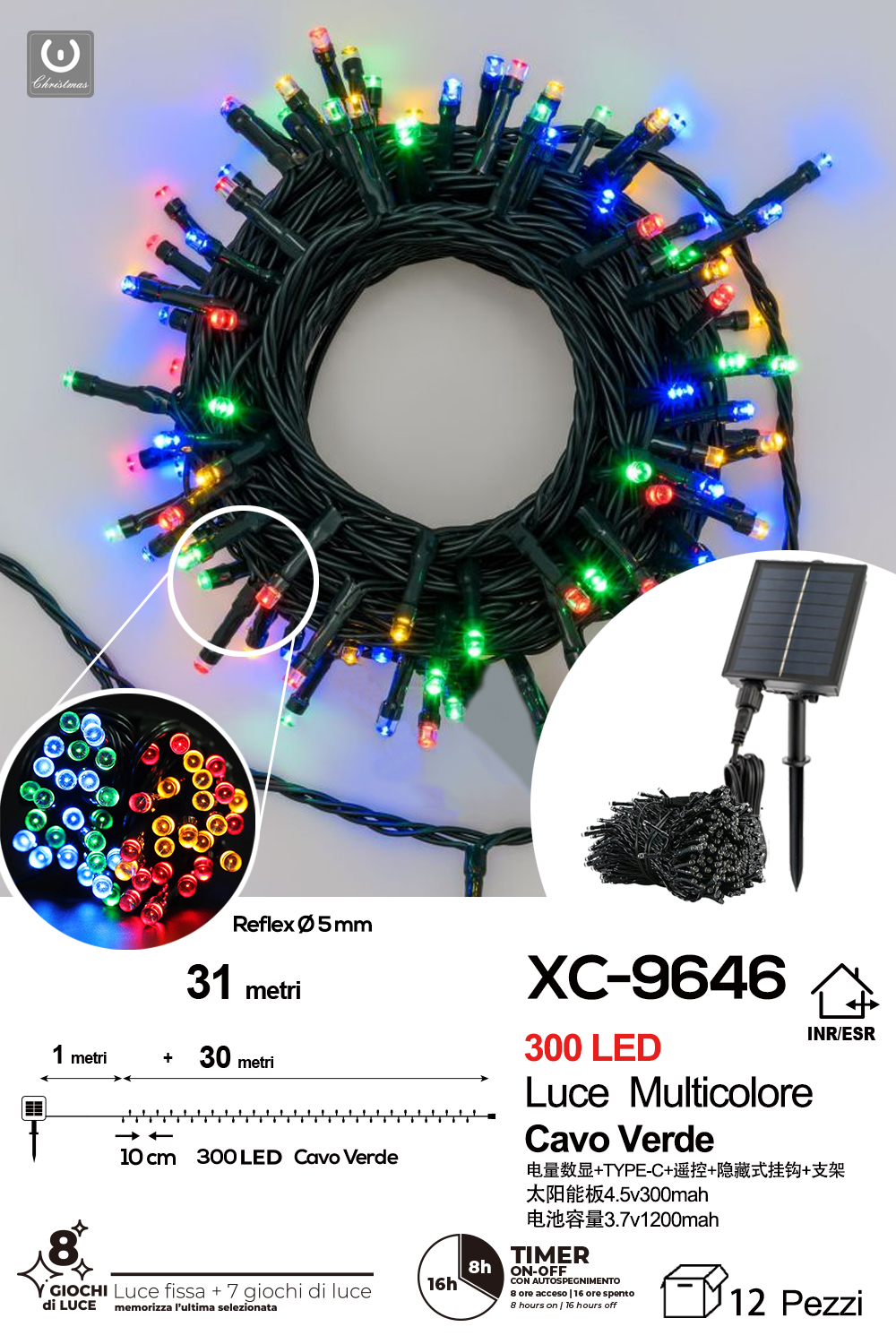 XC-9646 Catena luminosa pannello solare 300LED LUCE MULTICOLORE con 8 giochi luce - immagine 1