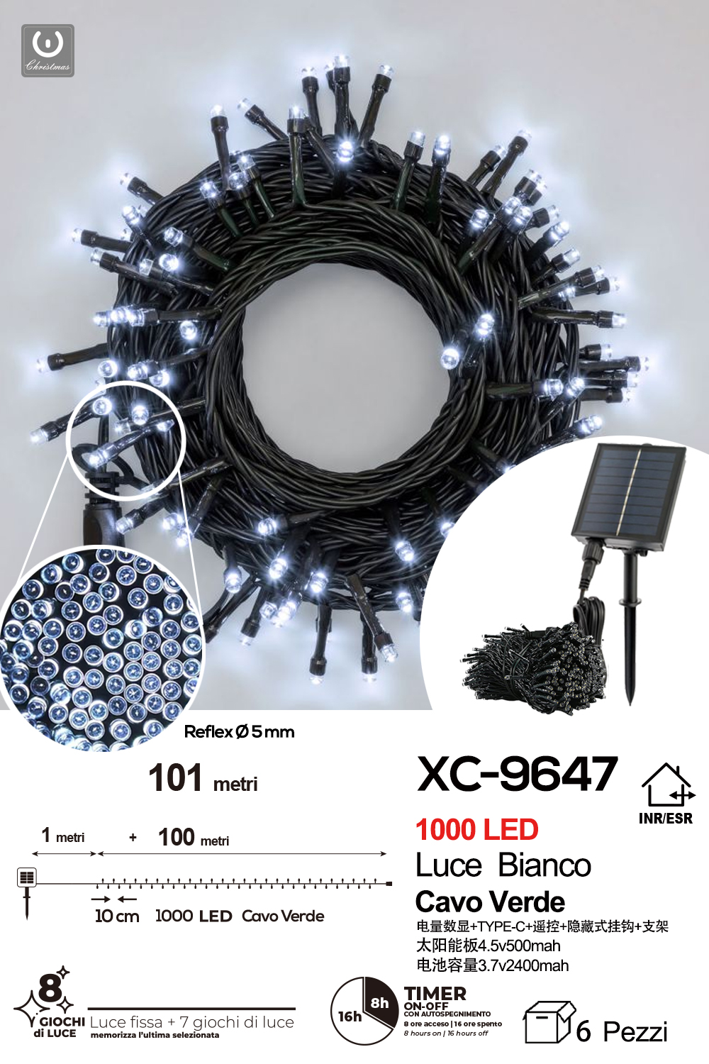XC-9647 Catena luminosa pannello solare 1000LED LUCE BIANCA con 8 giochi luce - immagine 1