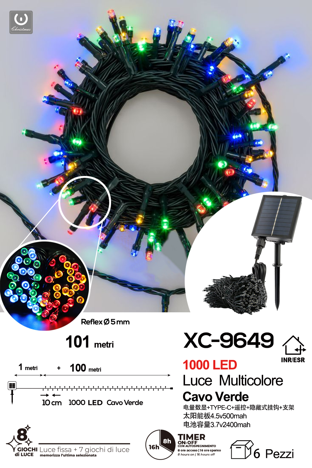XC-9649 Catena luminosa pannello solare 1000LED LUCE MULTICOLORE con 8 giochi luce - immagine 1