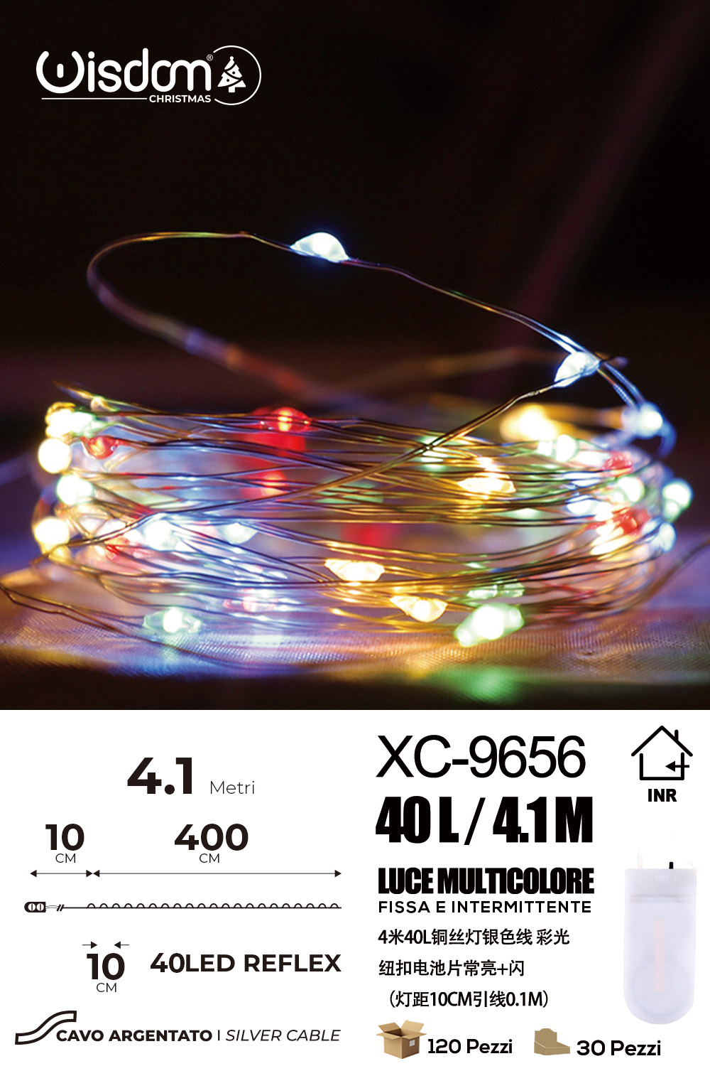 XC-9656 Catena luminosa 40 microLED REFLEX da 4,1 metri luce multicolor alimentazione a pile per uso interno - immagine 1