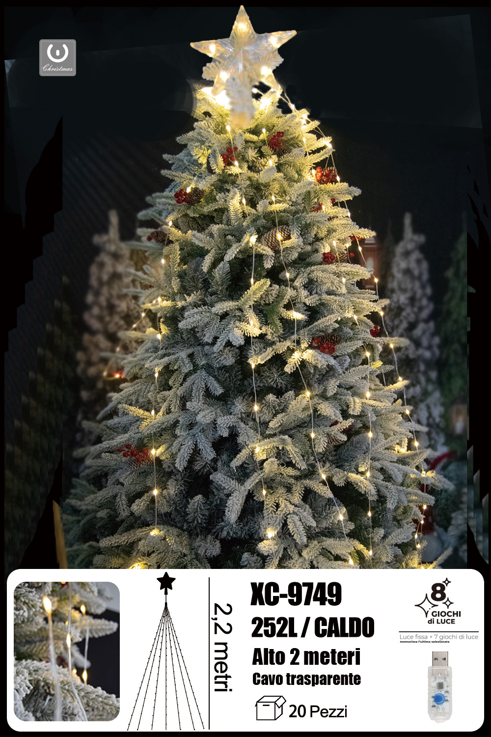 XC-9749 Tenda luminosa per albero di Natale con puntale stella altezza 2,2 metri illuminazione 252 LED luce calda 8 giochi luce - immagine 1