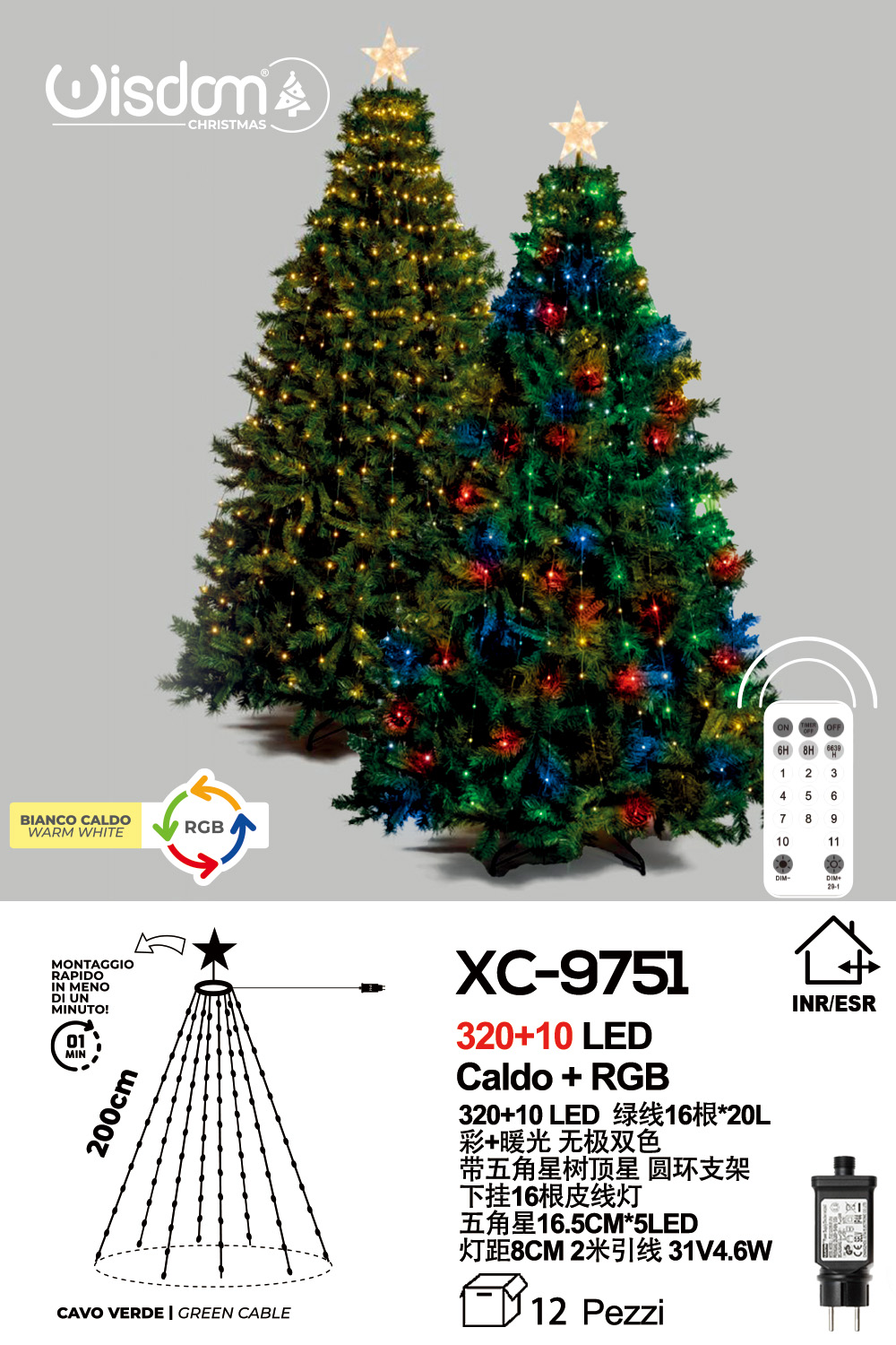 XC-9751 Albero di Natale con puntale stella altezza 2 metri con illuminazione smart 330 luci colorate LED controllo tramite app o telecomando - immagine 1