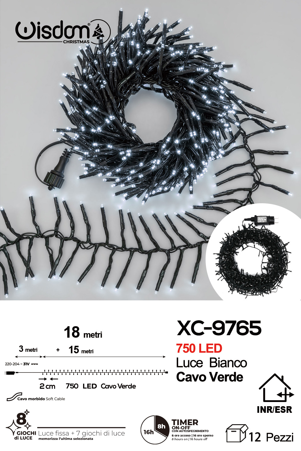 XC-9765 Catena luminosa da 18 metri con 750 LED luce fredda per uso interno/esterno funzione timer on/off 8 giochi di luce - immagine 1