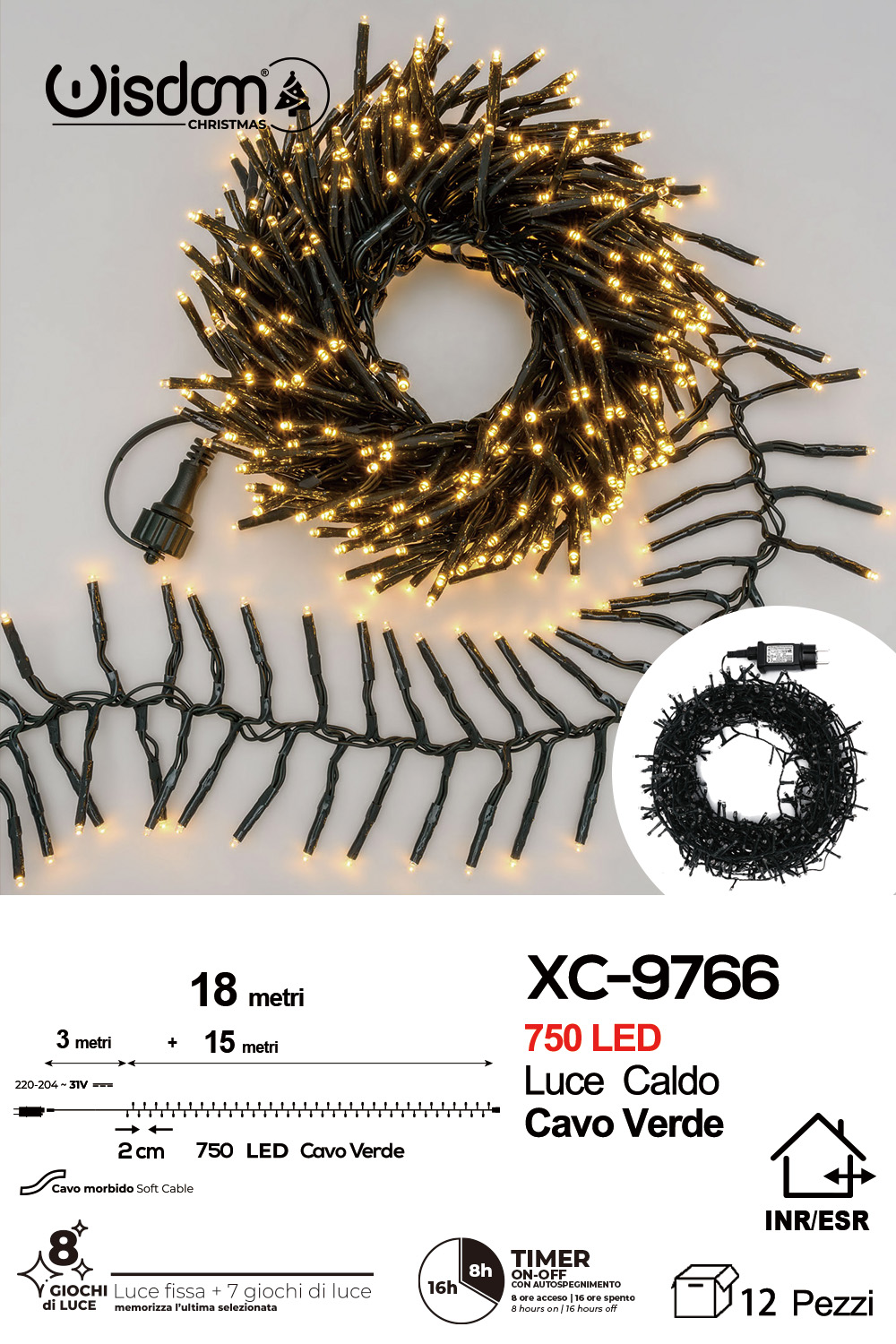 XC-9766 Catena luminosa da 18 metri con 750 LED luce calda per uso interno/esterno funzione timer on/off 8 giochi di luce - immagine 1