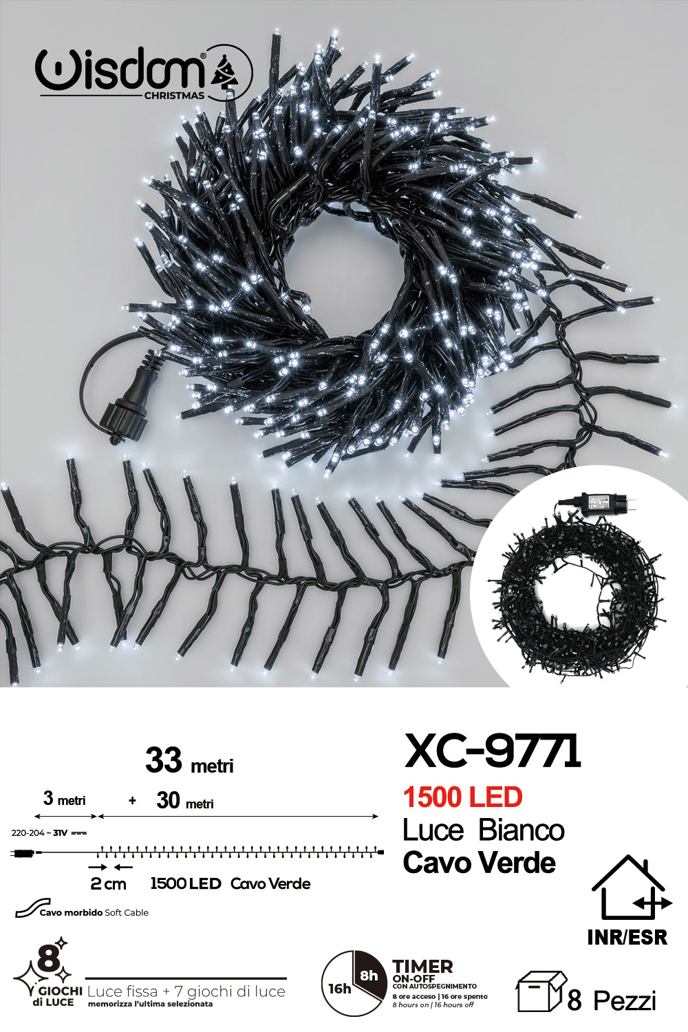 XC-9771 Catena luminosa da 33 metri con 1500 LED luce fredda per uso interno/esterno funzione timer on/off 8 giochi di luce - immagine 1