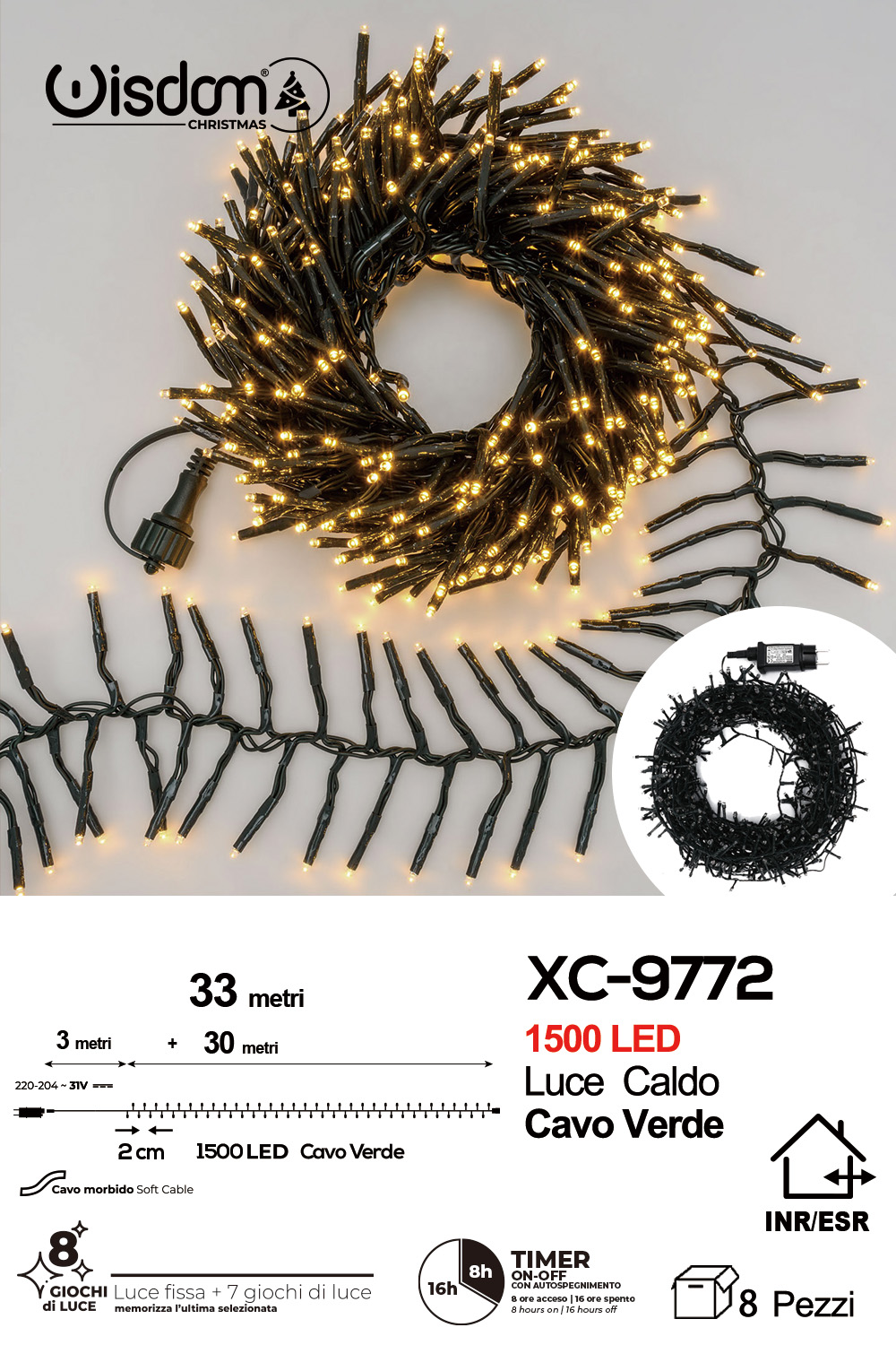 XC-9772 Catena luminosa da 33 metri con 1500 LED luce calda per uso interno/esterno funzione timer on/off 8 giochi di luce - immagine 1