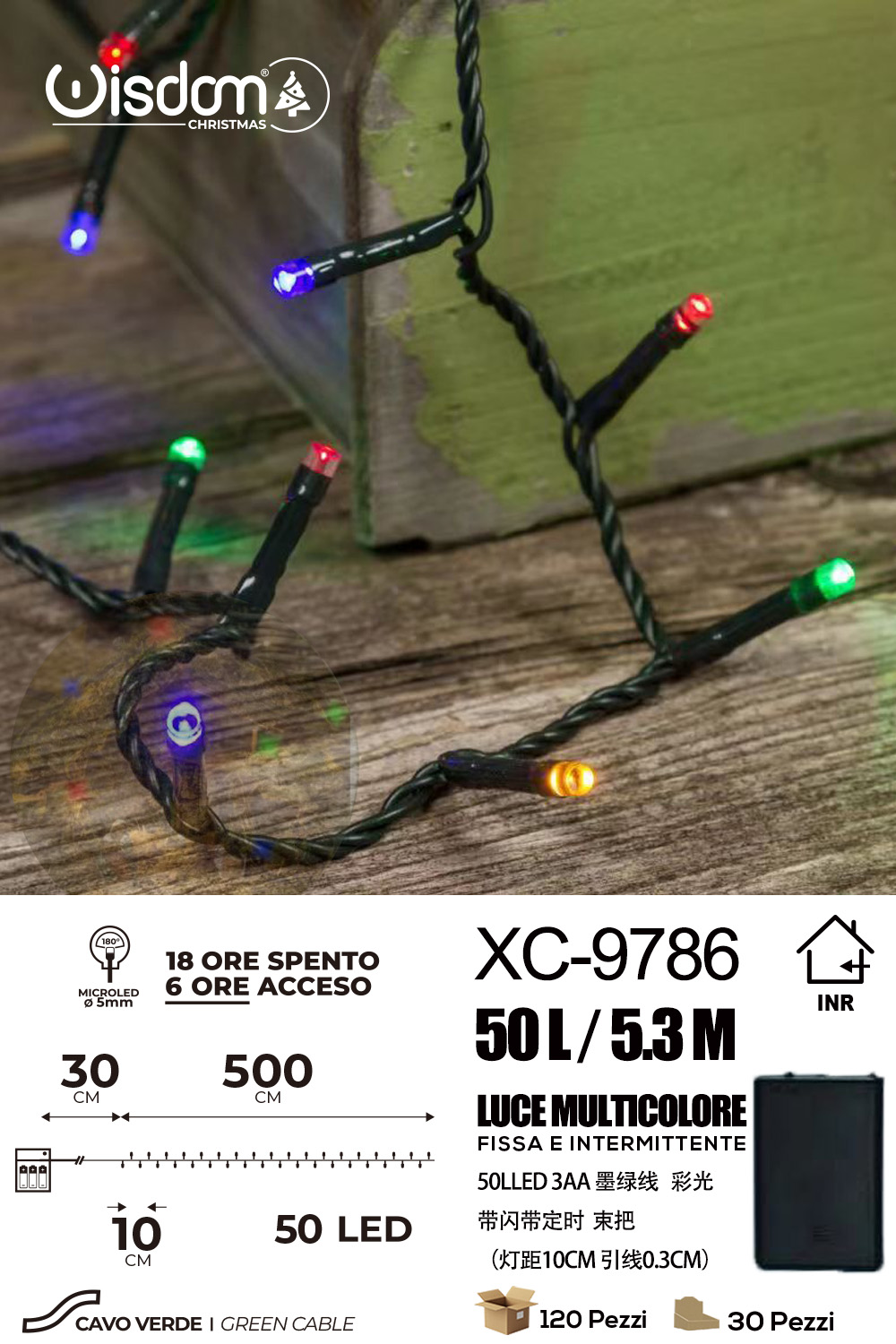 XC-9786 Catena luminosa 50 LED luce multicolor da 5,3 metri alimentazione a batterie (non incluse) per uso interno funzione timer on/off - immagine 1