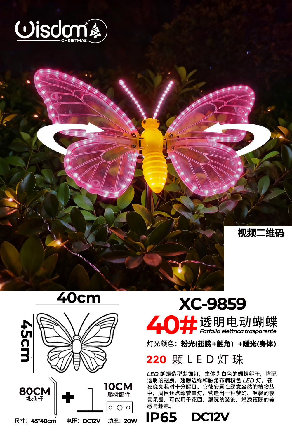 XC-9859 Figura luminosa Farfalla Trasparente LED Luce Calda+Rosa IP65 per uso esterno dimensione 45x40cm - immagine 1
