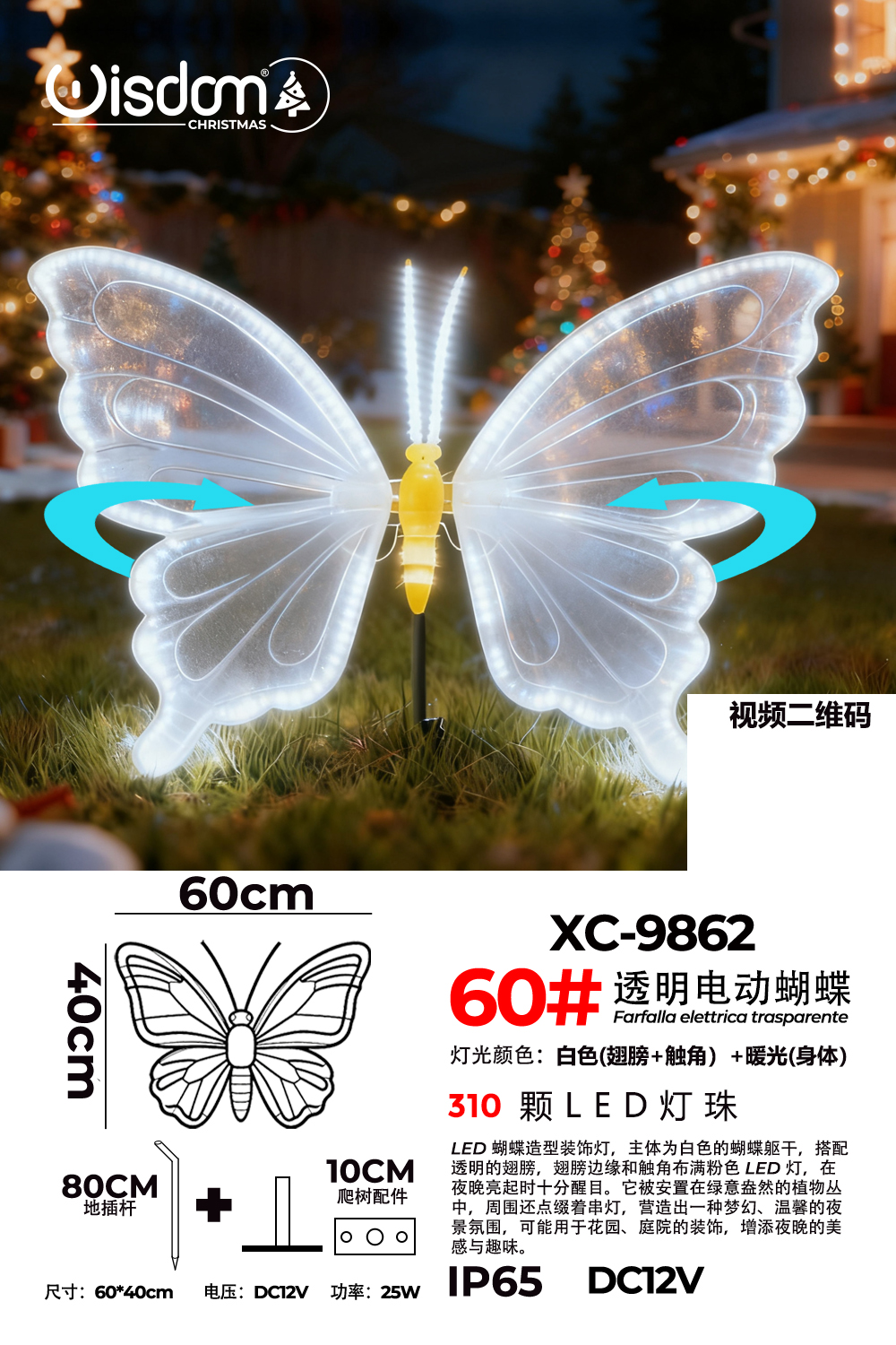 XC-9862 Figura luminosa Farfalla Trasparente LED Luce Calda+Bianca IP65 per uso esterno dimensione 60x40cm - immagine 1
