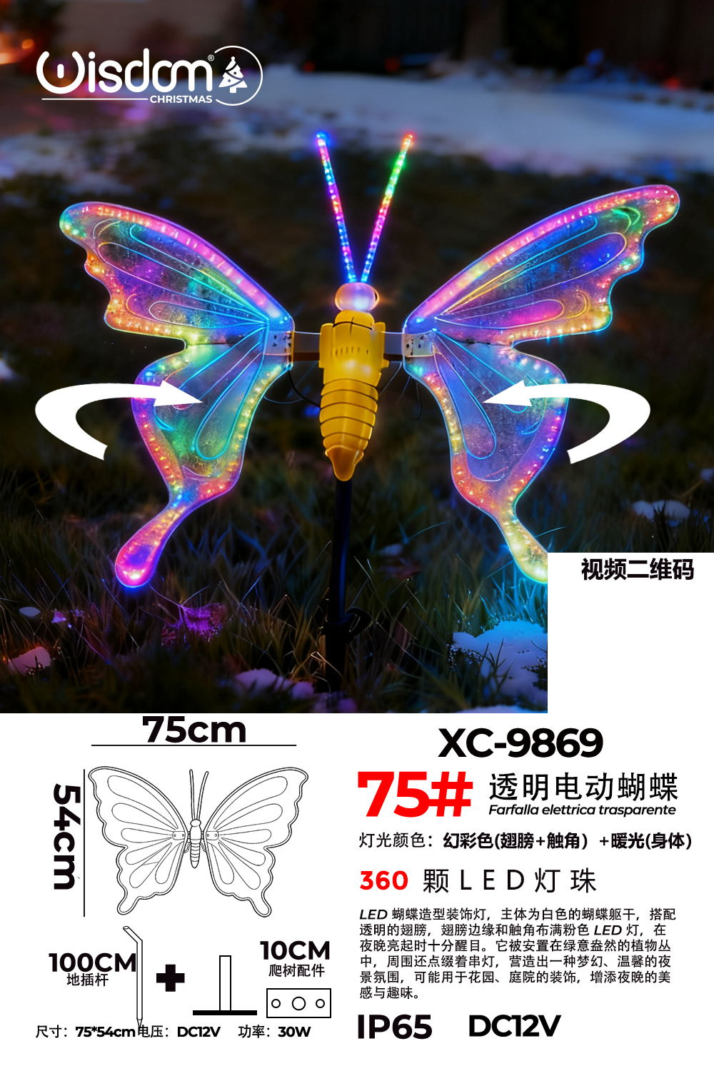 XC-9869 Figura luminosa Farfalla Trasparente LED Luce Calda+Multicolor IP65 per uso esterno dimensione 75x54cm - immagine 1