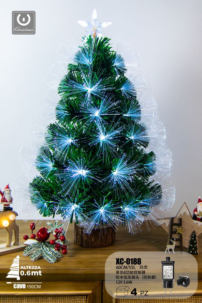xc-0188 Albero in fibra ottica 55 LED luce Bianca , con controller a 8 funzioni, 60 cm, base legno - immagine 1