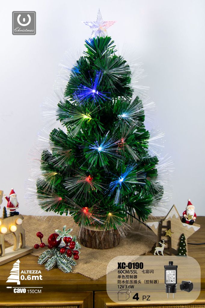 xc-0190 Albero in fibra ottica 55 LED luce multicolor , con controller a 8 funzioni, 60 cm, base legno - immagine 1