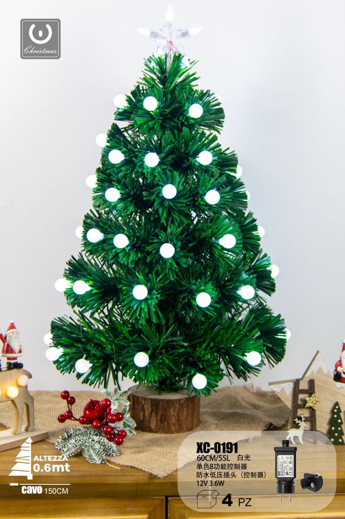 xc-0191 Albero in fibra ottica 55 LED luce Bianca , con palline luminose , controller a 8 funzioni, 60 cm, base legno - immagine 1