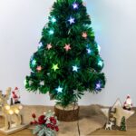 Albero in fibra ottica 55 LED luce multicolor , con stelle luminose , controller a 8 funzioni, 60 cm, base legno