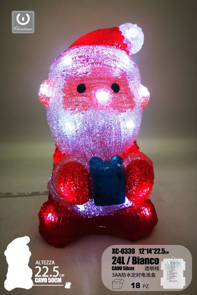 xc-0339 Babbo Natale , luminoso linea trasparente, 24 LED , luce Bianca, 22,5 cm, con vano batteria impermeabile - immagine 1