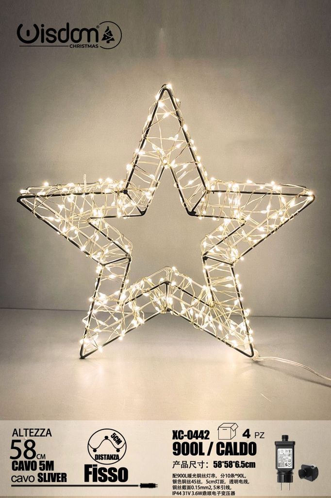 xc-0442 Stella 3D filo di rame Argentato, 900 LED luce Calda ,cavo trasparente ,filo di acciaio sfaccettato, 58 cm - immagine 1