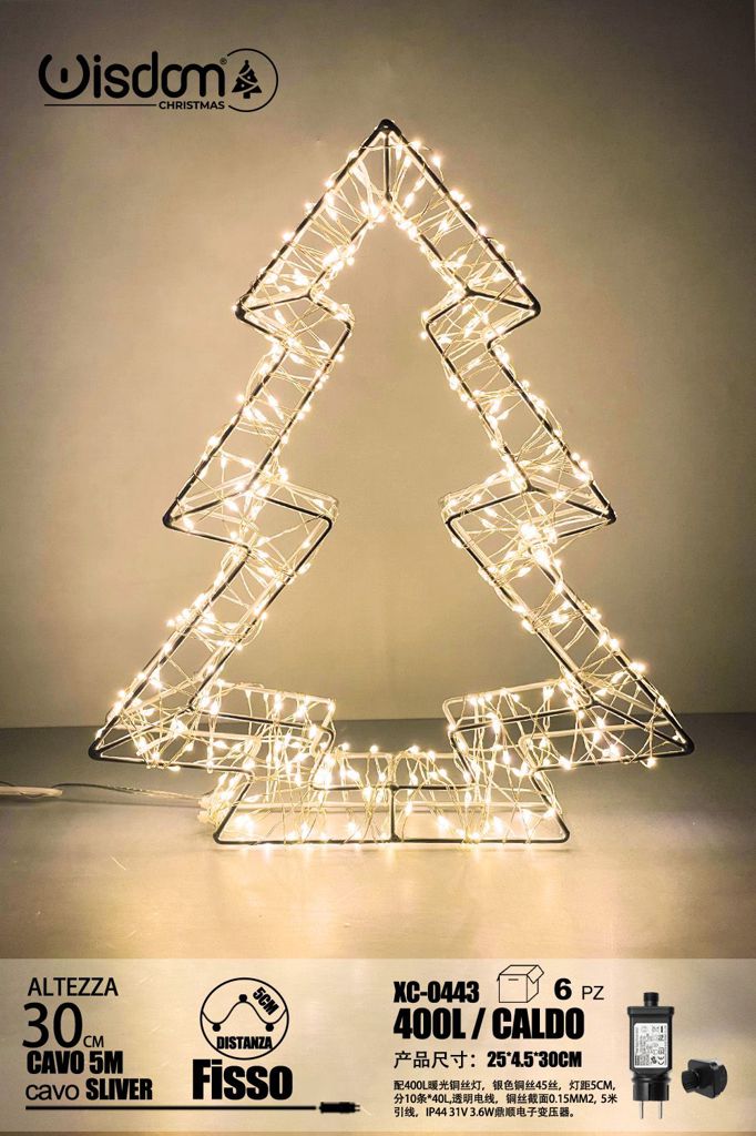xc-0443 Albero 3D filo di rame Argentato, 400 LED luce Calda ,cavo trasparente ,filo di acciaio sfaccettato, 30 cm - immagine 1
